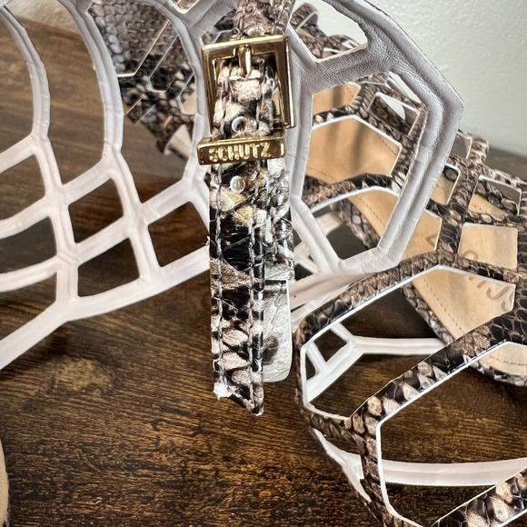 Schutz Juliana Caged Sandals 8.5 Leather Snake Open Toe Ankle Stiletto Heels - Picture 9 of 10